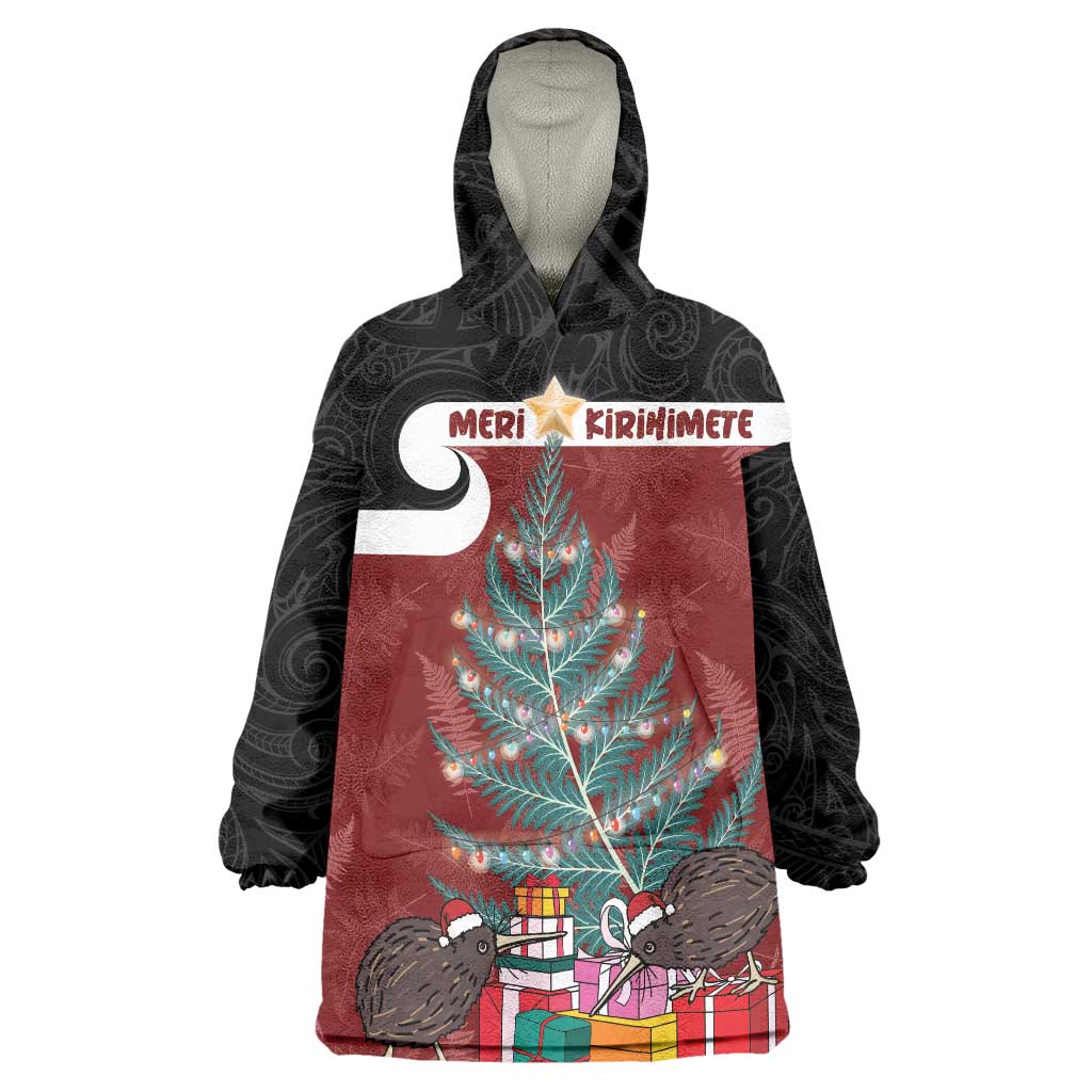 Personalised New Zealand Maori Christmas Wearable Blanket Hoodie Xmas Fern Mix Kowhawhai LT7 One Size Black - Polynesian Pride