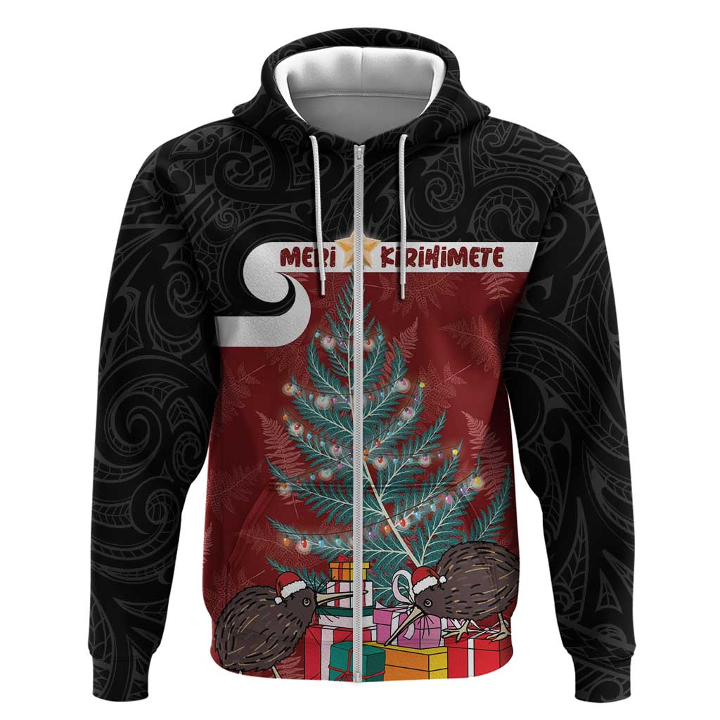 Personalised New Zealand Maori Christmas Zip Hoodie Xmas Fern Mix Kowhawhai LT7 Zip Hoodie Black - Polynesian Pride
