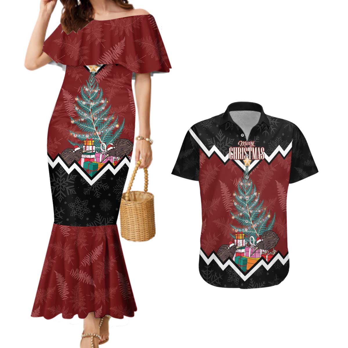 Personalised New Zealand Christmas Couples Matching Mermaid Dress and Hawaiian Shirt Xmas Fern and Kiwi Birds LT7 Black - Polynesian Pride