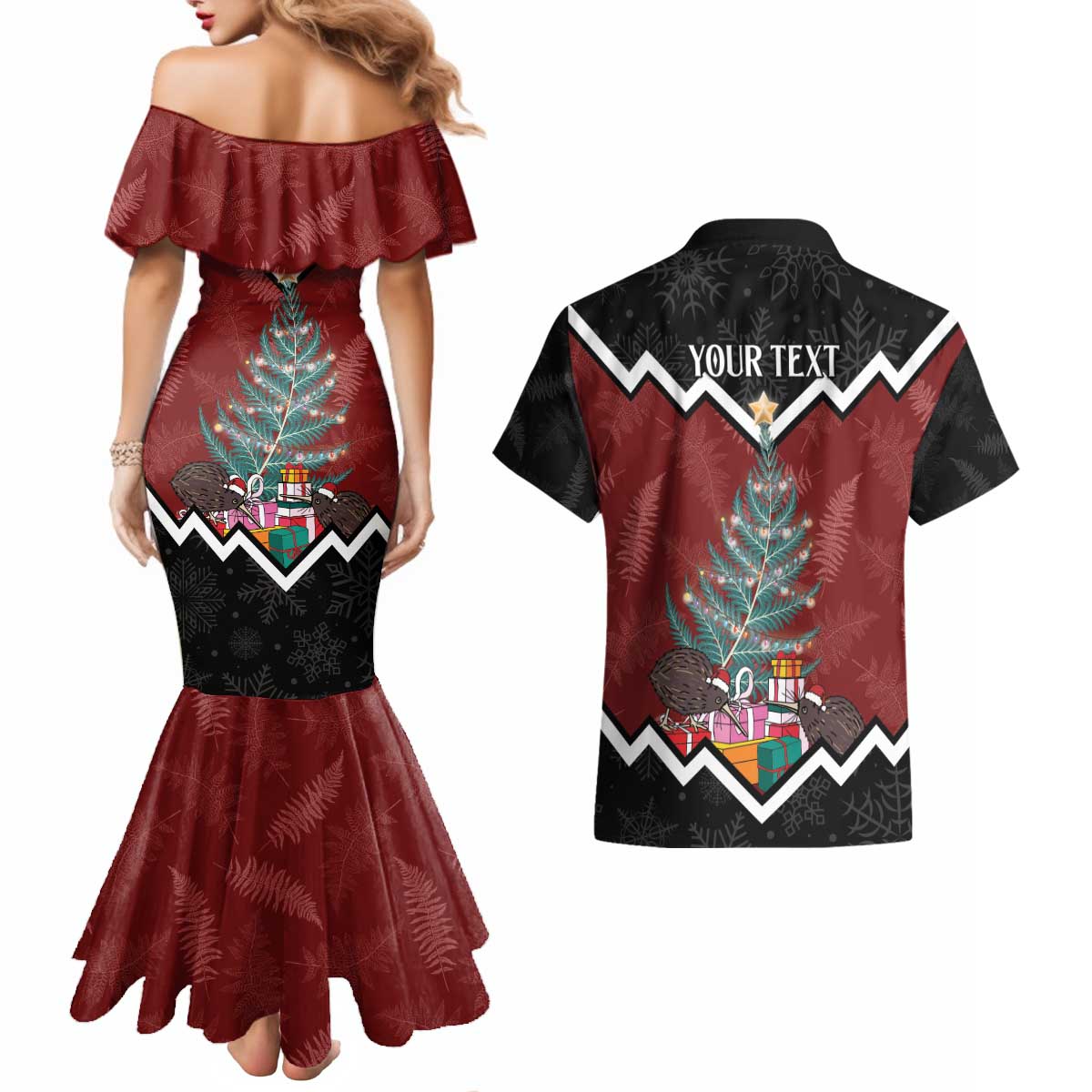 Personalised New Zealand Christmas Couples Matching Mermaid Dress and Hawaiian Shirt Xmas Fern and Kiwi Birds LT7 - Polynesian Pride