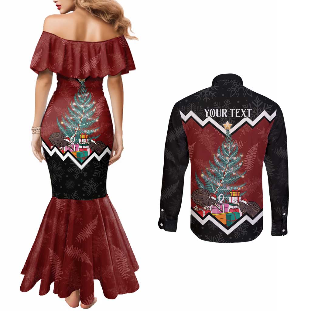 Personalised New Zealand Christmas Couples Matching Mermaid Dress and Long Sleeve Button Shirt Xmas Fern and Kiwi Birds LT7 - Polynesian Pride