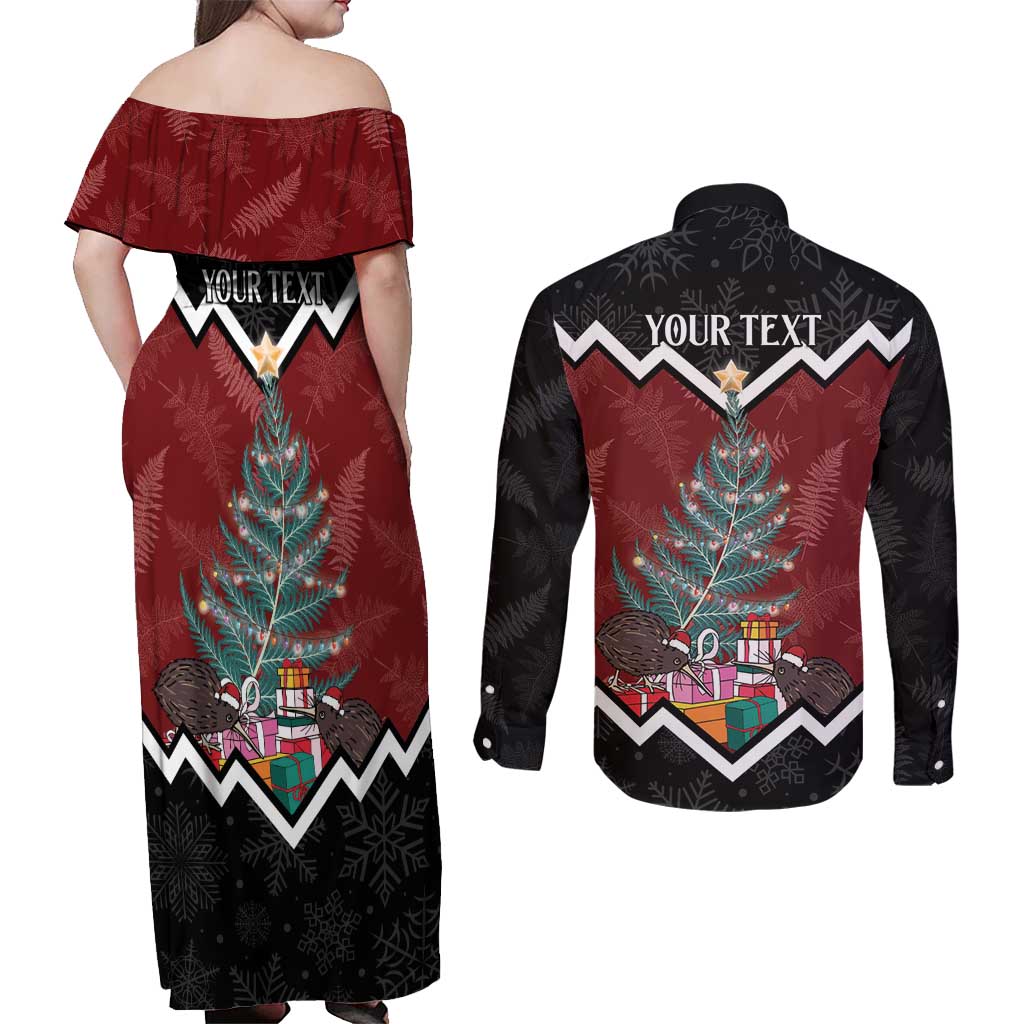 Personalised New Zealand Christmas Couples Matching Off Shoulder Maxi Dress and Long Sleeve Button Shirt Xmas Fern and Kiwi Birds LT7 - Polynesian Pride