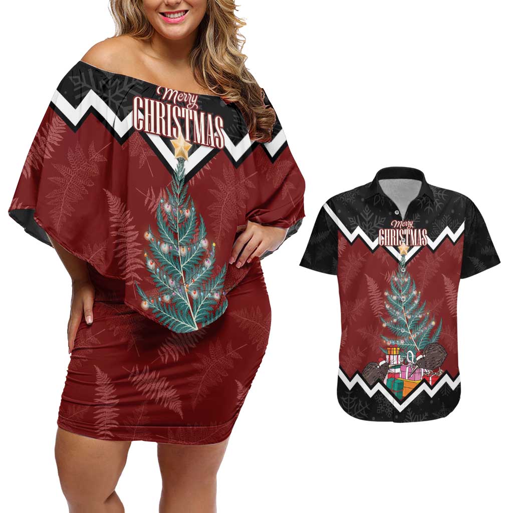 Personalised New Zealand Christmas Couples Matching Off Shoulder Short Dress and Hawaiian Shirt Xmas Fern and Kiwi Birds LT7 Black - Polynesian Pride