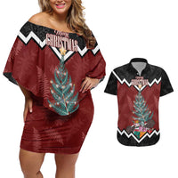 Personalised New Zealand Christmas Couples Matching Off Shoulder Short Dress and Hawaiian Shirt Xmas Fern and Kiwi Birds LT7 Black - Polynesian Pride