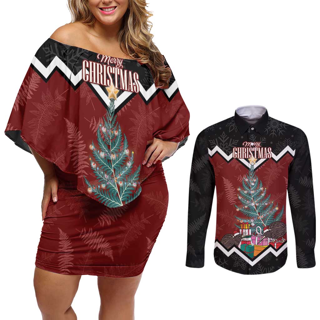 Personalised New Zealand Christmas Couples Matching Off Shoulder Short Dress and Long Sleeve Button Shirt Xmas Fern and Kiwi Birds LT7 Black - Polynesian Pride
