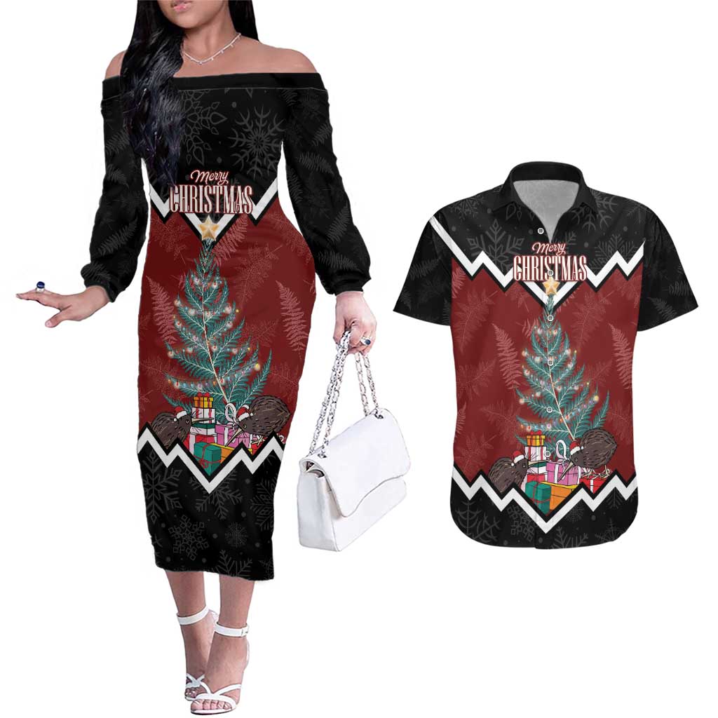 Personalised New Zealand Christmas Couples Matching Off The Shoulder Long Sleeve Dress and Hawaiian Shirt Xmas Fern and Kiwi Birds LT7 Black - Polynesian Pride