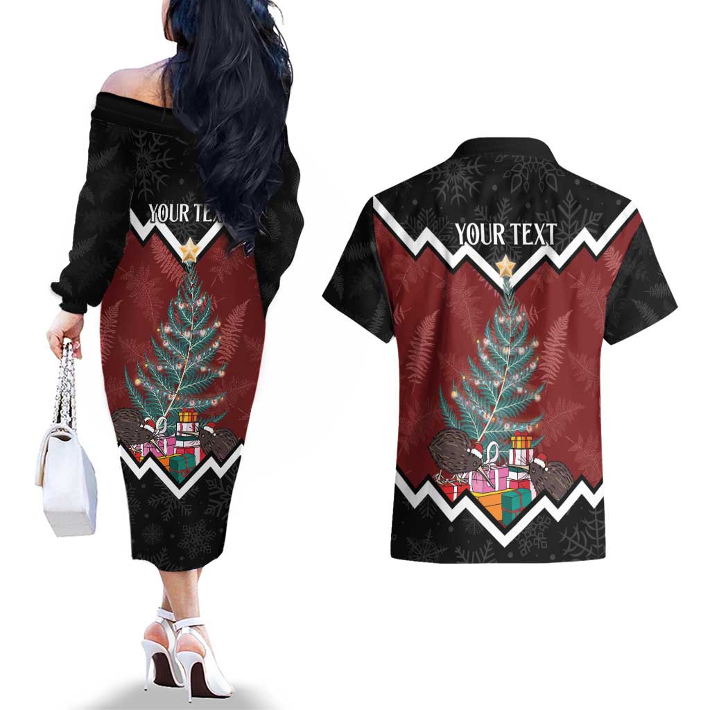 Personalised New Zealand Christmas Couples Matching Off The Shoulder Long Sleeve Dress and Hawaiian Shirt Xmas Fern and Kiwi Birds LT7 - Polynesian Pride