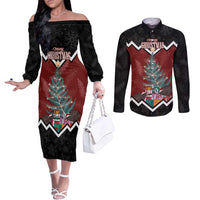 Personalised New Zealand Christmas Couples Matching Off The Shoulder Long Sleeve Dress and Long Sleeve Button Shirt Xmas Fern and Kiwi Birds LT7 Black - Polynesian Pride
