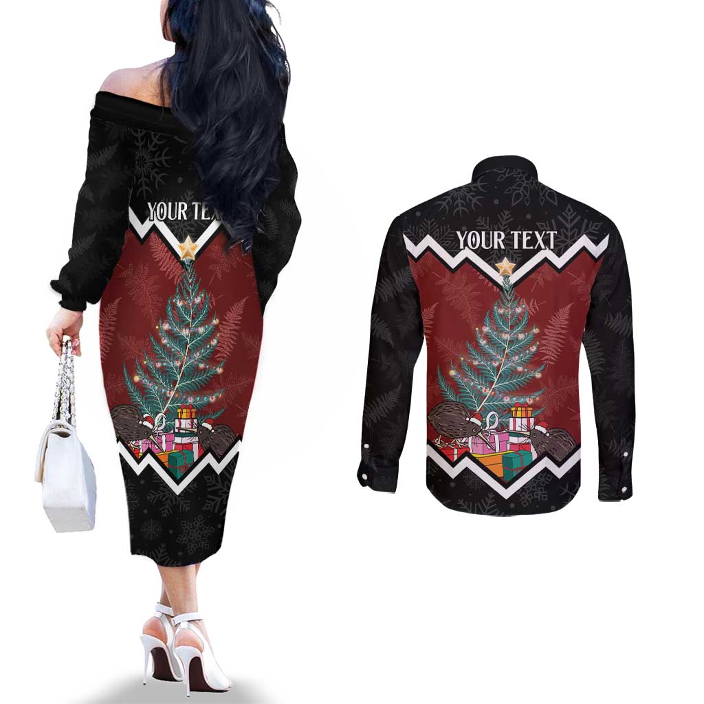 Personalised New Zealand Christmas Couples Matching Off The Shoulder Long Sleeve Dress and Long Sleeve Button Shirt Xmas Fern and Kiwi Birds LT7 - Polynesian Pride