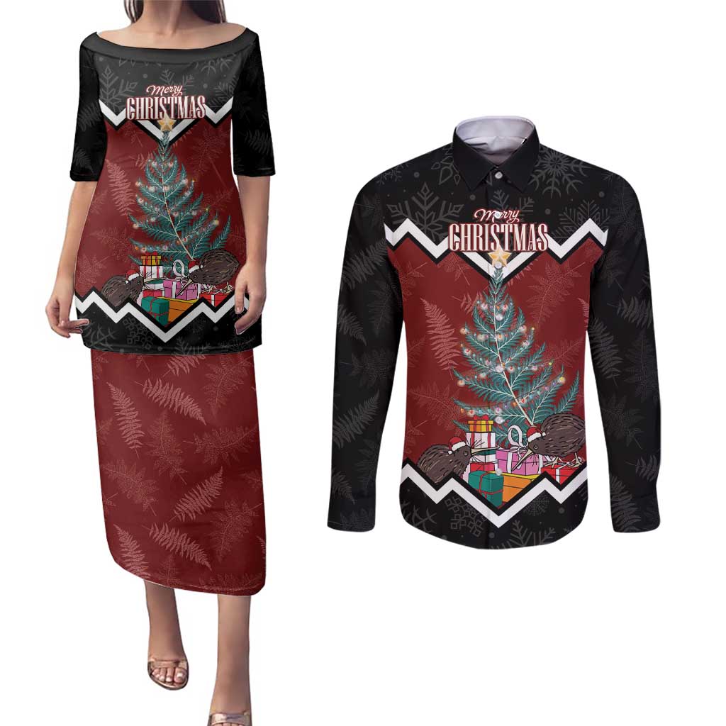 Personalised New Zealand Christmas Couples Matching Puletasi and Long Sleeve Button Shirt Xmas Fern and Kiwi Birds LT7 Black - Polynesian Pride