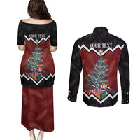 Personalised New Zealand Christmas Couples Matching Puletasi and Long Sleeve Button Shirt Xmas Fern and Kiwi Birds LT7 - Polynesian Pride