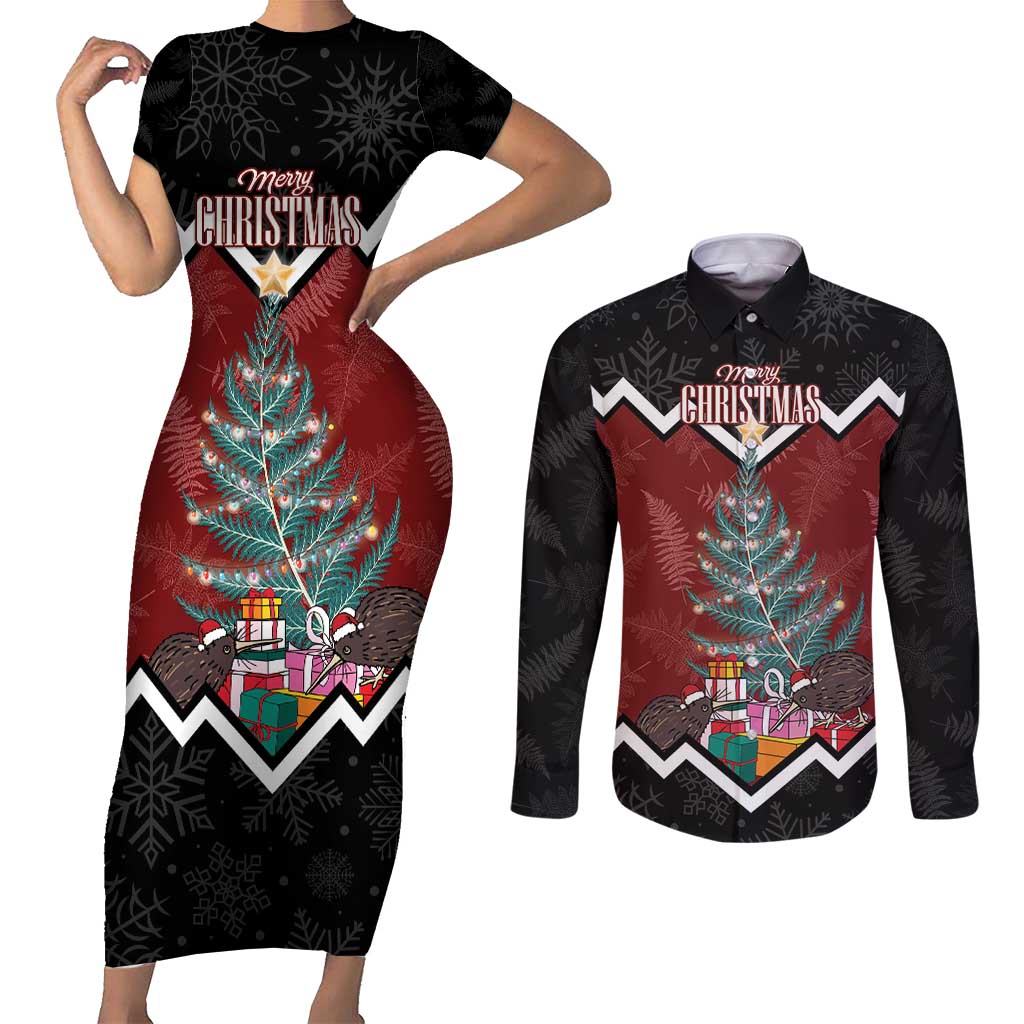 Personalised New Zealand Christmas Couples Matching Short Sleeve Bodycon Dress and Long Sleeve Button Shirt Xmas Fern and Kiwi Birds LT7 Black - Polynesian Pride