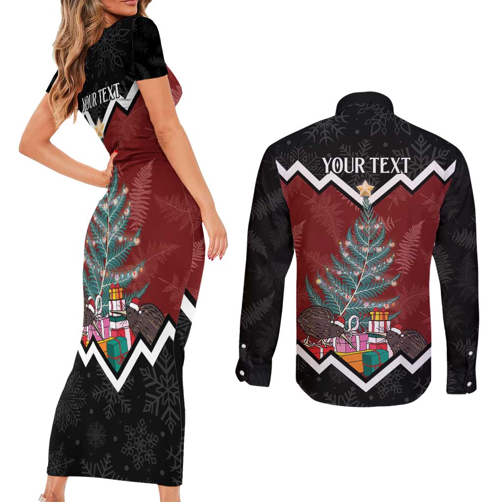Personalised New Zealand Christmas Couples Matching Short Sleeve Bodycon Dress and Long Sleeve Button Shirt Xmas Fern and Kiwi Birds LT7 - Polynesian Pride