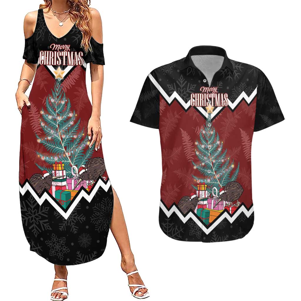 Personalised New Zealand Christmas Couples Matching Summer Maxi Dress and Hawaiian Shirt Xmas Fern and Kiwi Birds LT7 Black - Polynesian Pride
