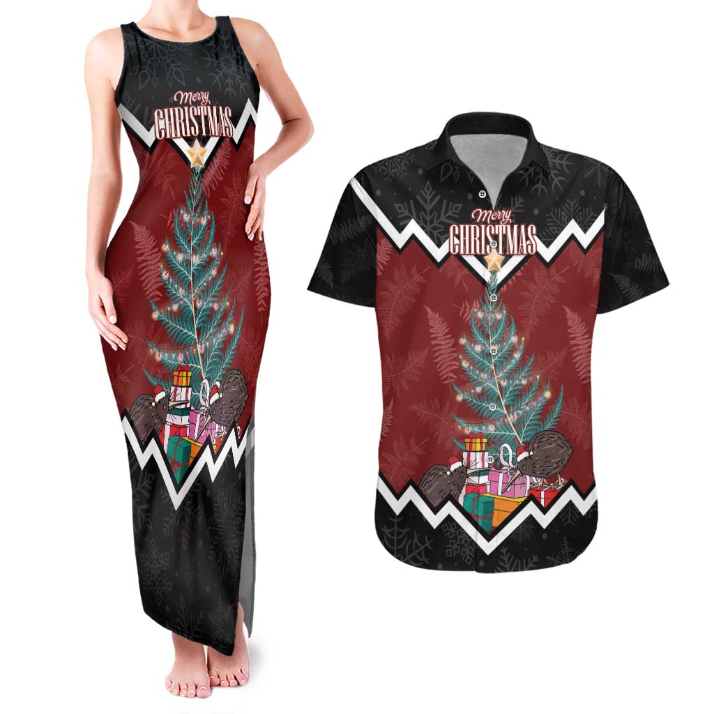 Personalised New Zealand Christmas Couples Matching Tank Maxi Dress and Hawaiian Shirt Xmas Fern and Kiwi Birds LT7 Black - Polynesian Pride