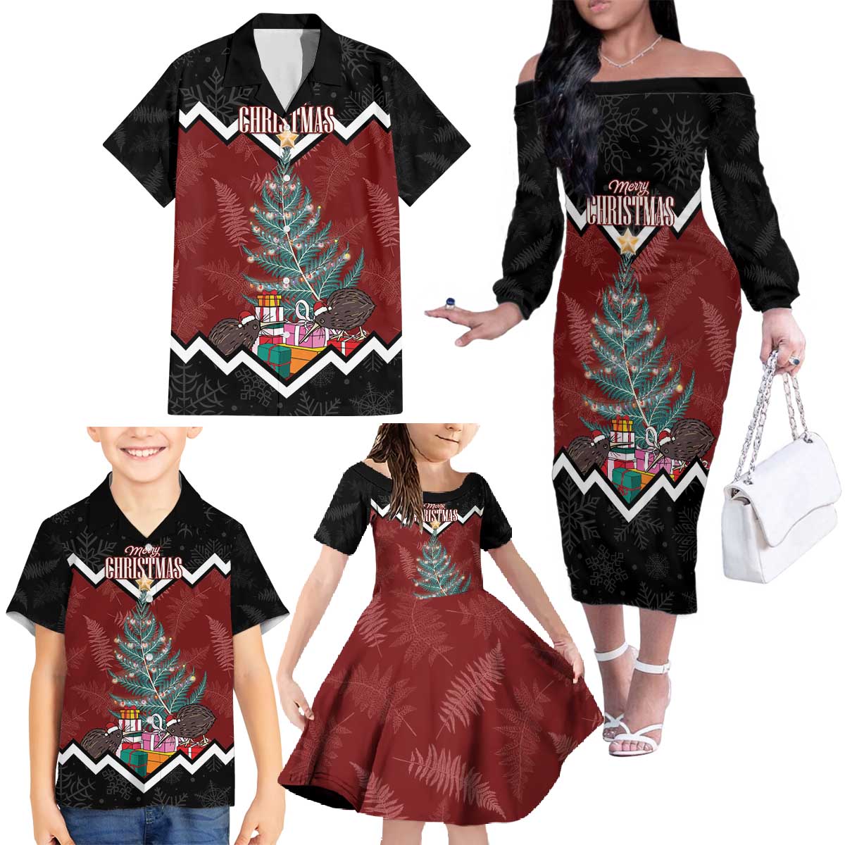 Personalised New Zealand Christmas Family Matching Off The Shoulder Long Sleeve Dress and Hawaiian Shirt Xmas Fern and Kiwi Birds LT7 - Polynesian Pride