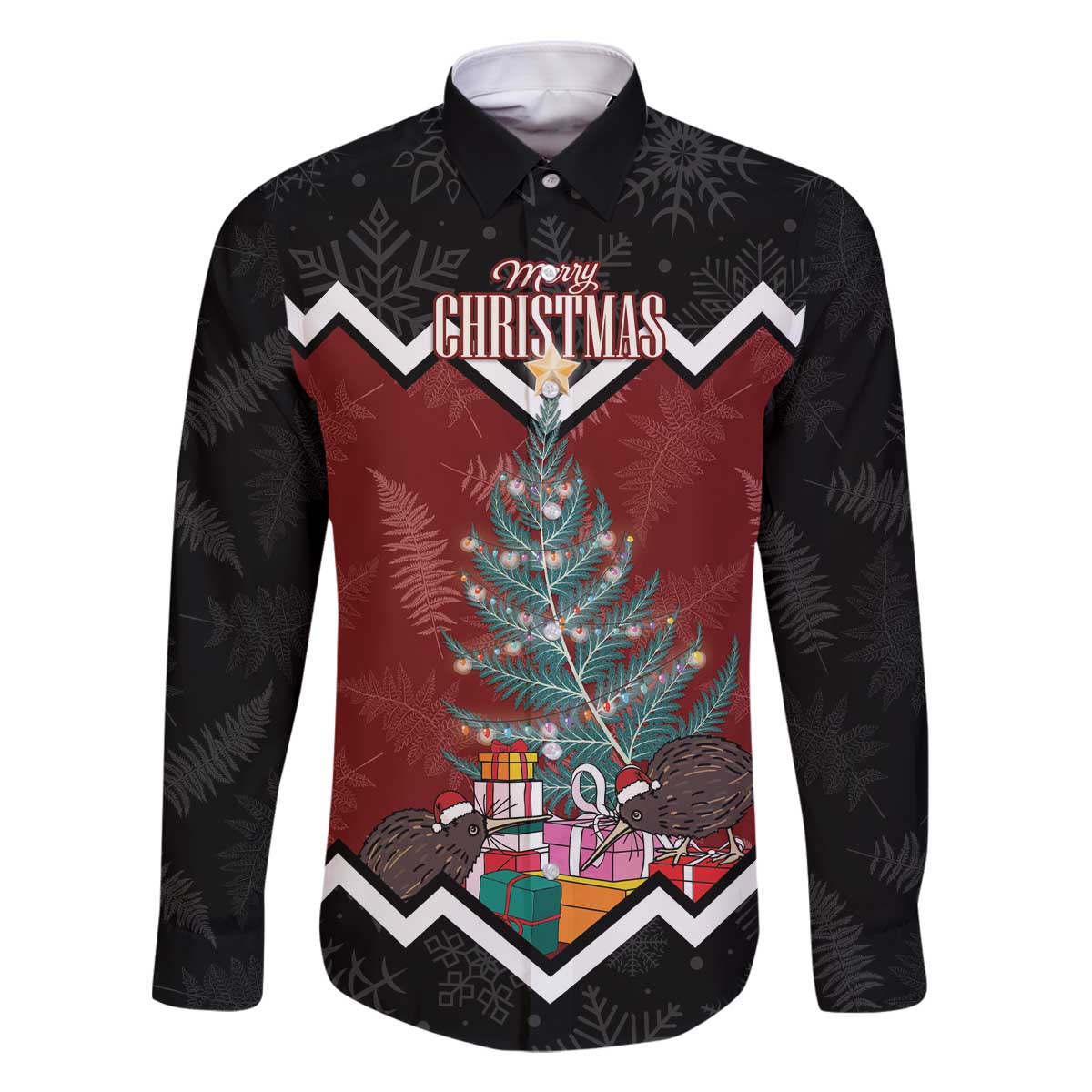 Personalised New Zealand Christmas Family Matching Off The Shoulder Long Sleeve Dress and Hawaiian Shirt Xmas Fern and Kiwi Birds LT7 Dad's Shirt - Long Sleeve Black - Polynesian Pride