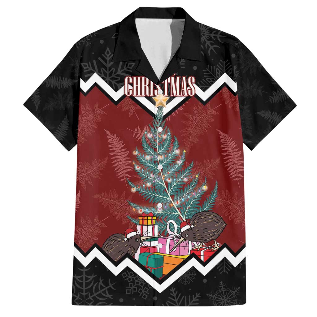 Personalised New Zealand Christmas Family Matching Off Shoulder Maxi Dress and Hawaiian Shirt Xmas Fern and Kiwi Birds LT7 Dad's Shirt - Short Sleeve Black - Polynesian Pride