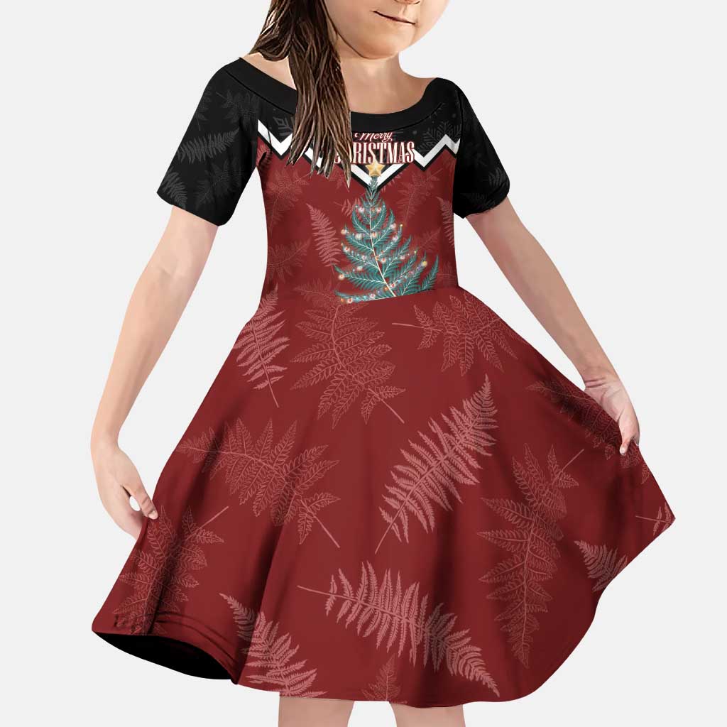 Personalised New Zealand Christmas Family Matching Puletasi and Hawaiian Shirt Xmas Fern and Kiwi Birds LT7 Daughter's Dress Black - Polynesian Pride