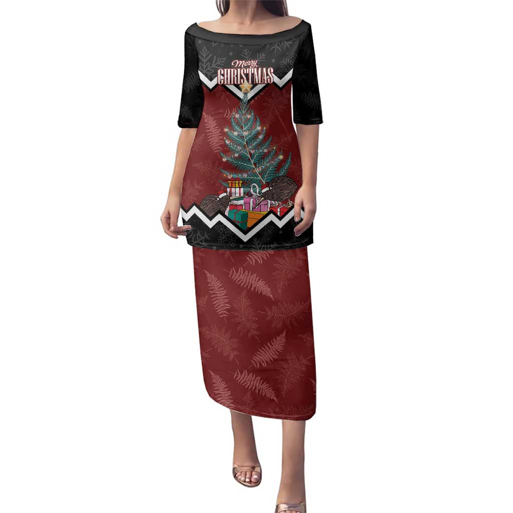 Personalised New Zealand Christmas Family Matching Puletasi and Hawaiian Shirt Xmas Fern and Kiwi Birds LT7 Mom's Dress Black - Polynesian Pride