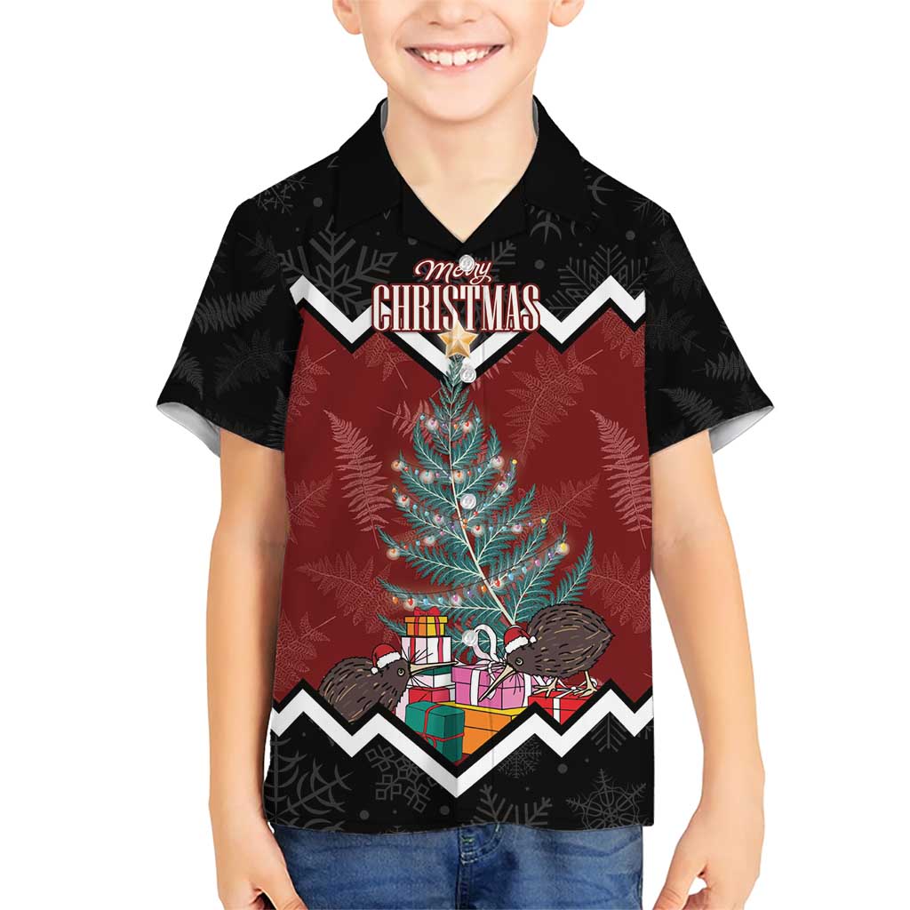 Personalised New Zealand Christmas Family Matching Short Sleeve Bodycon Dress and Hawaiian Shirt Xmas Fern and Kiwi Birds LT7 Son's Shirt Black - Polynesian Pride
