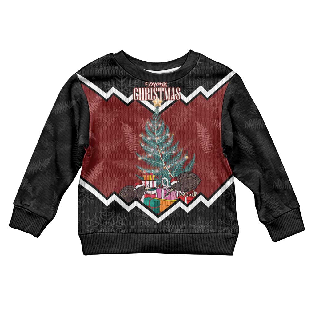 Personalised New Zealand Christmas Kid Ugly Christmas Sweater Xmas Fern and Kiwi Birds LT7 Kid Black - Polynesian Pride