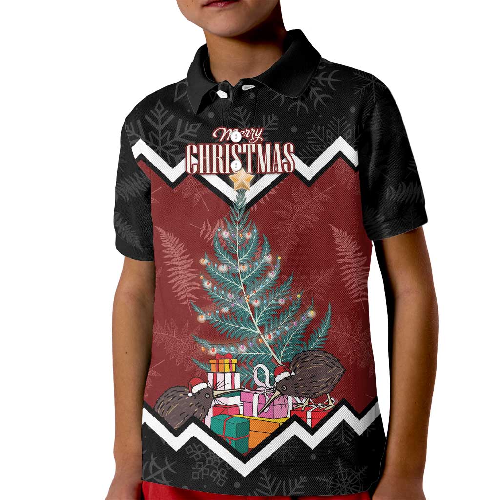 Personalised New Zealand Christmas Kid Polo Shirt Xmas Fern and Kiwi Birds LT7 Kid Black - Polynesian Pride