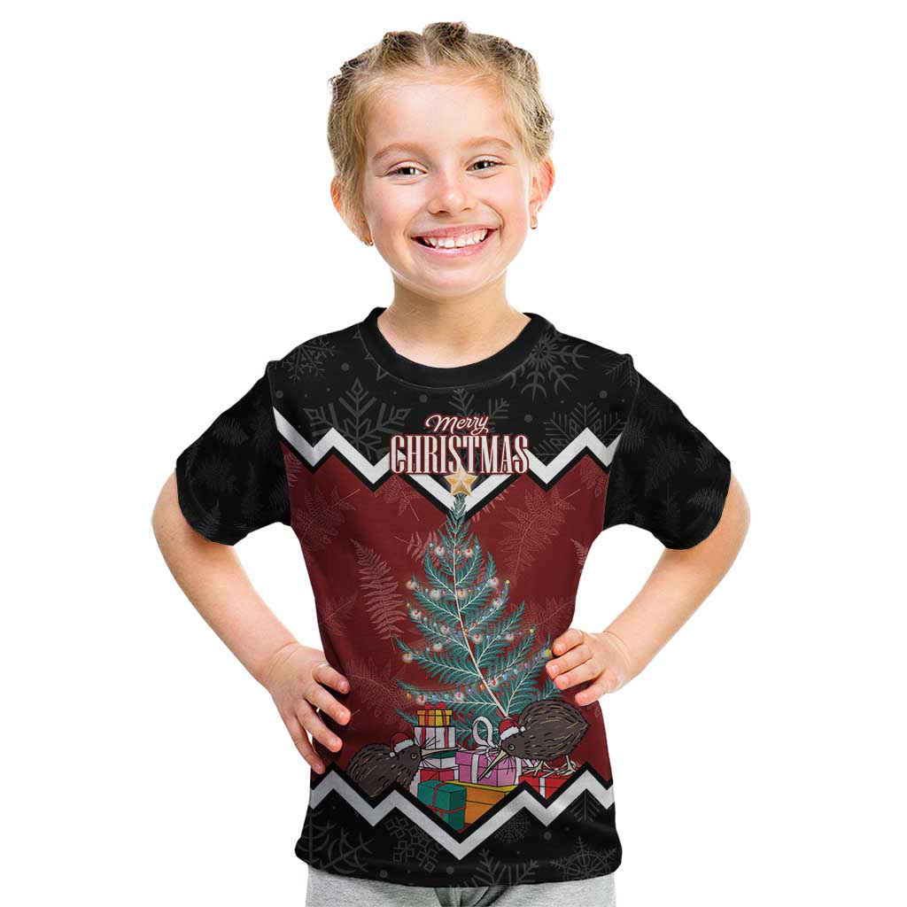 Personalised New Zealand Christmas Kid T Shirt Xmas Fern and Kiwi Birds LT7 Black - Polynesian Pride
