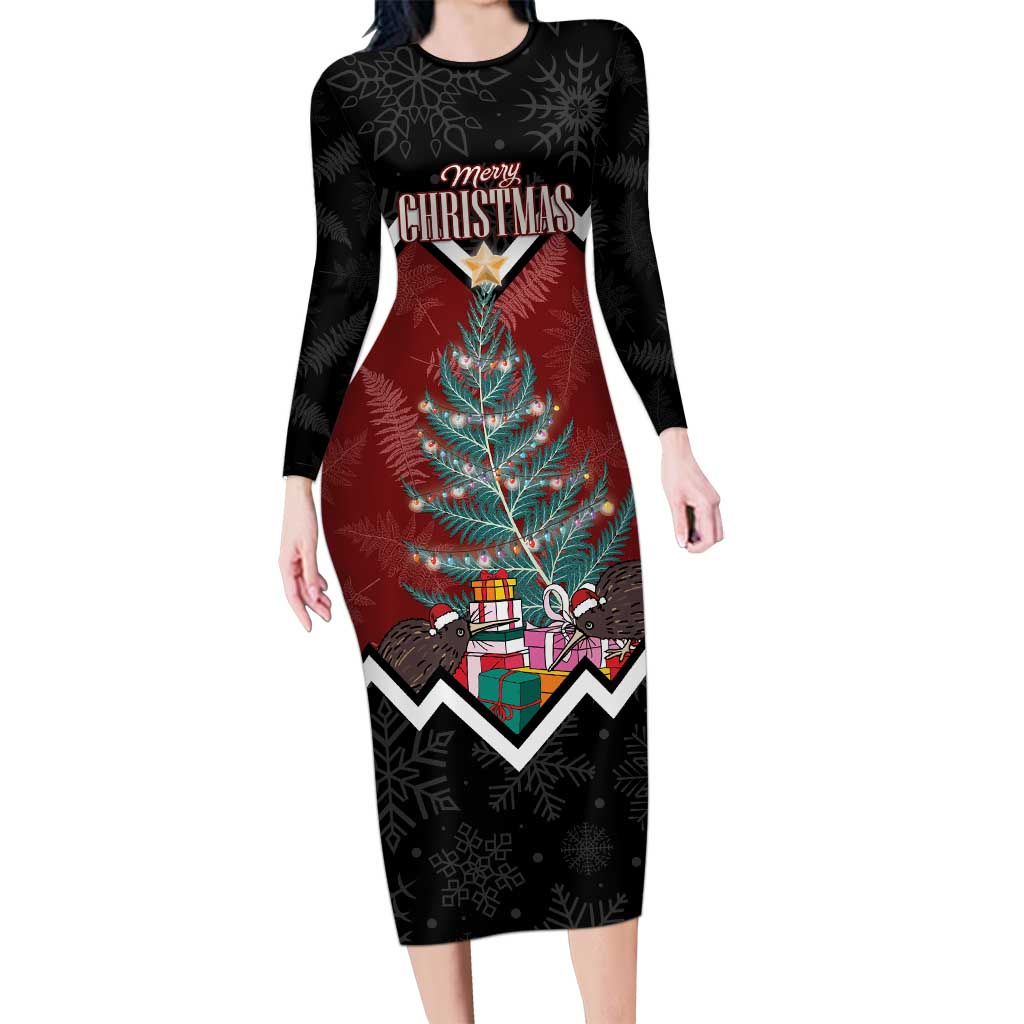 Personalised New Zealand Christmas Long Sleeve Bodycon Dress Xmas Fern and Kiwi Birds LT7 Long Dress Black - Polynesian Pride