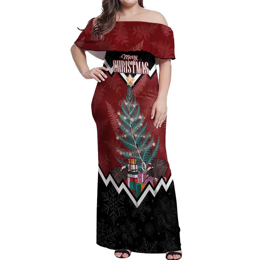 Personalised New Zealand Christmas Off Shoulder Maxi Dress Xmas Fern and Kiwi Birds LT7 Women Black - Polynesian Pride