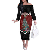Personalised New Zealand Christmas Off The Shoulder Long Sleeve Dress Xmas Fern and Kiwi Birds LT7 Women Black - Polynesian Pride
