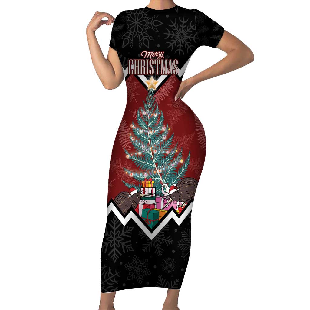 Personalised New Zealand Christmas Short Sleeve Bodycon Dress Xmas Fern and Kiwi Birds LT7 Long Dress Black - Polynesian Pride