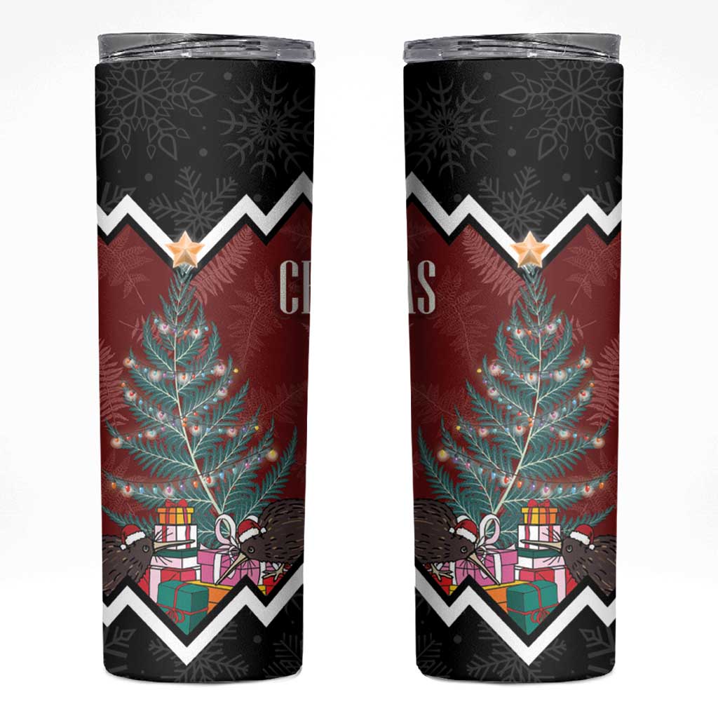 Personalised New Zealand Christmas Skinny Tumbler Xmas Fern and Kiwi Birds LT7 Black - Polynesian Pride