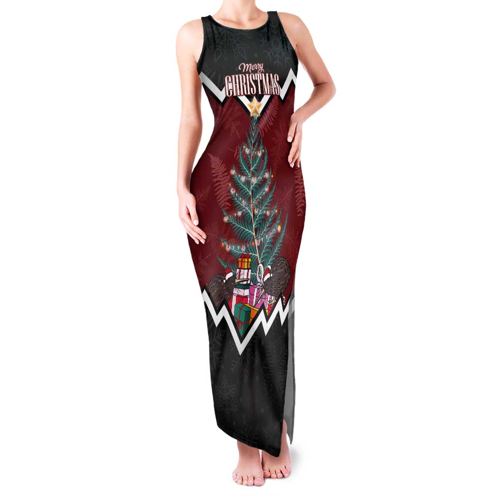 Personalised New Zealand Christmas Tank Maxi Dress Xmas Fern and Kiwi Birds LT7 Women Black - Polynesian Pride