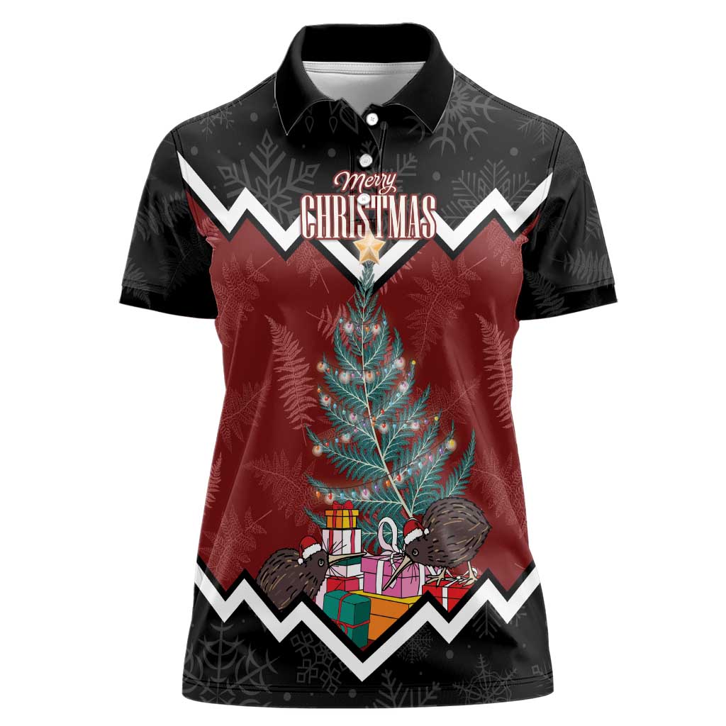 Personalised New Zealand Christmas Women Polo Shirt Xmas Fern and Kiwi Birds LT7 Female Black - Polynesian Pride