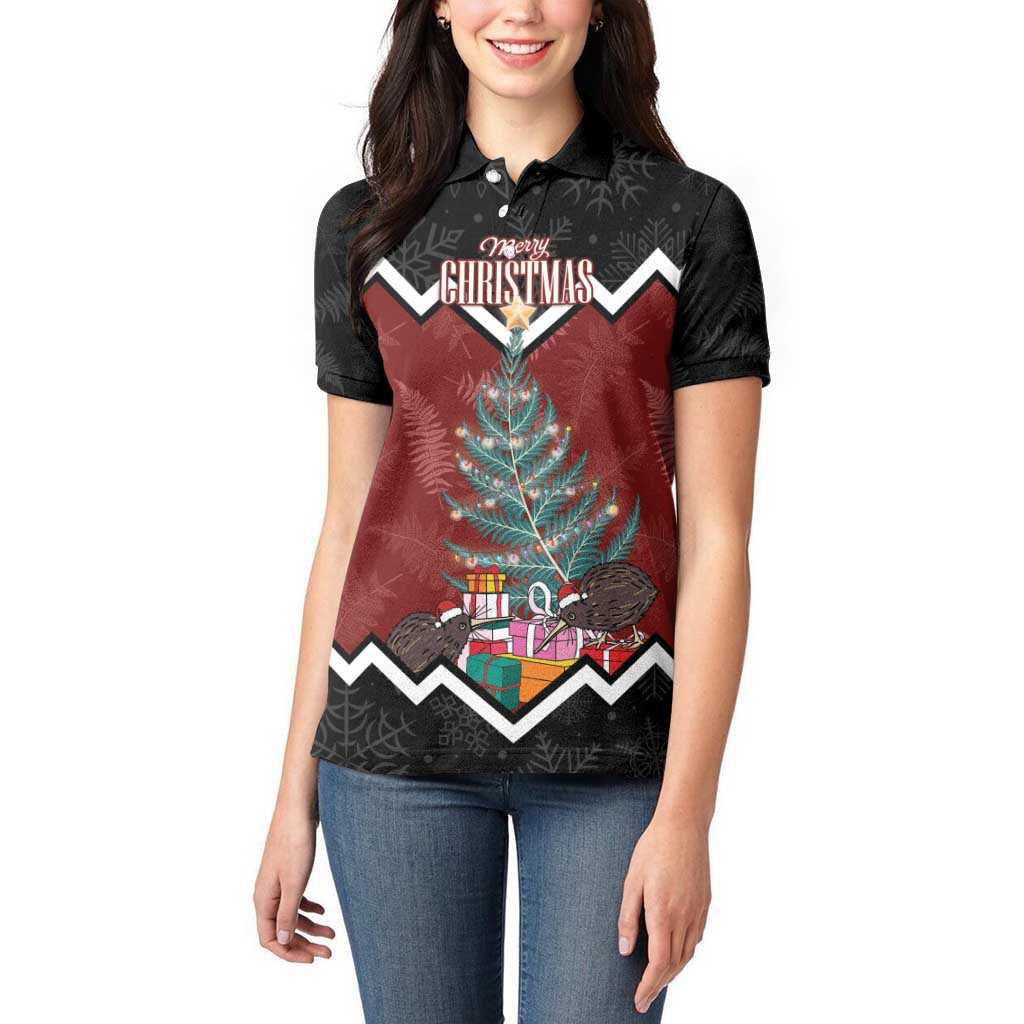 Personalised New Zealand Christmas Women Polo Shirt Xmas Fern and Kiwi Birds LT7 - Polynesian Pride