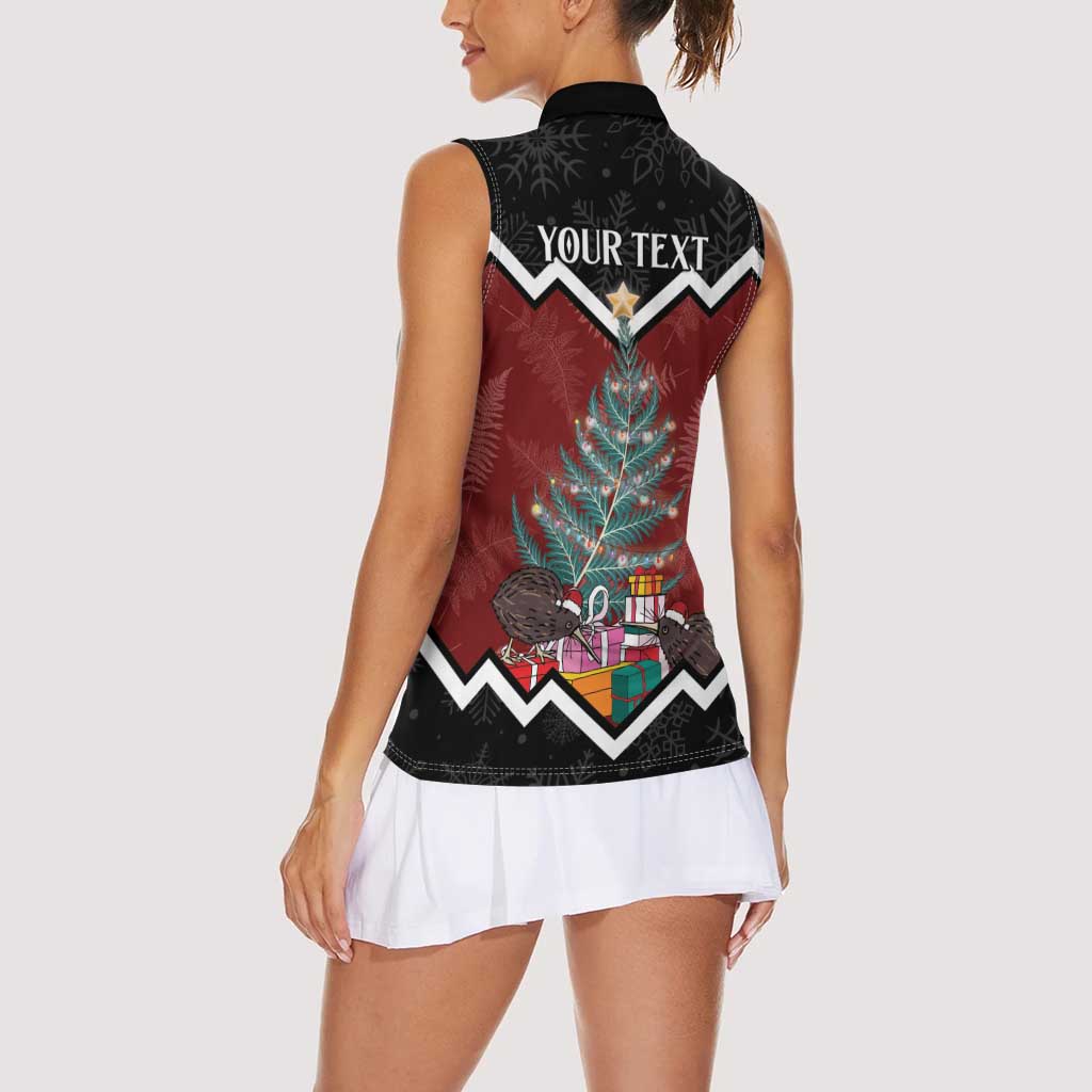 Personalised New Zealand Christmas Women Sleeveless Polo Shirt Xmas Fern and Kiwi Birds LT7 - Polynesian Pride
