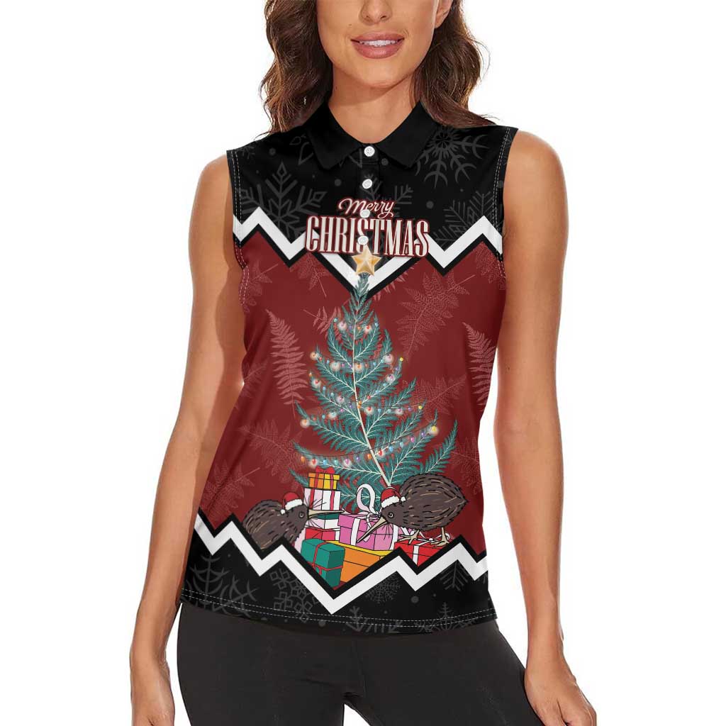 Personalised New Zealand Christmas Women Sleeveless Polo Shirt Xmas Fern and Kiwi Birds LT7 - Polynesian Pride