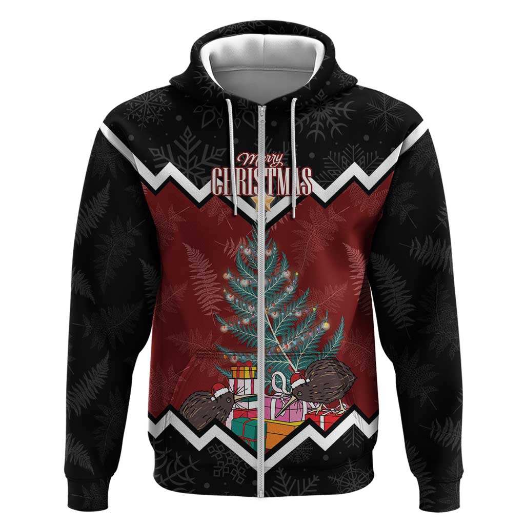 Personalised New Zealand Christmas Zip Hoodie Xmas Fern and Kiwi Birds LT7 Zip Hoodie Black - Polynesian Pride