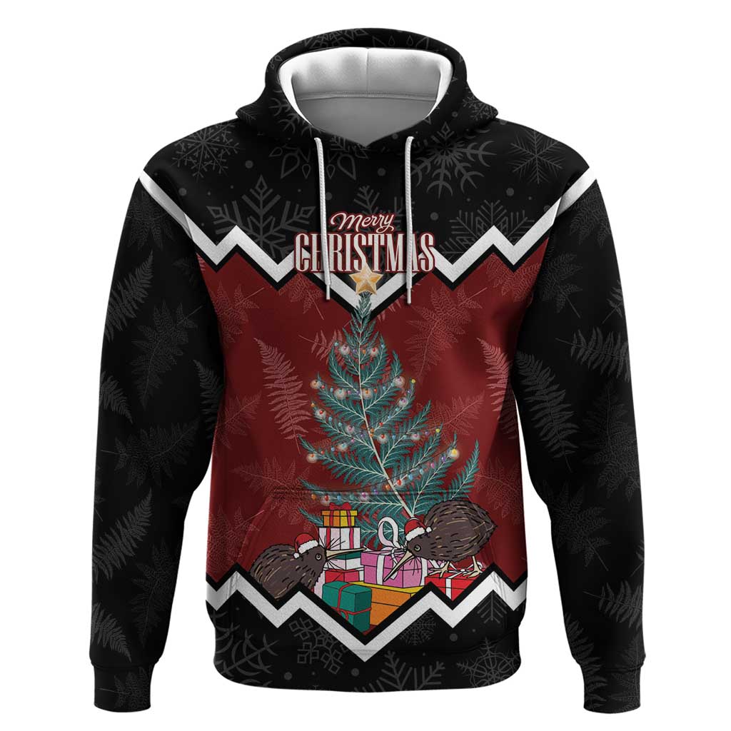 Personalised New Zealand Christmas Zip Hoodie Xmas Fern and Kiwi Birds LT7 Pullover Hoodie Black - Polynesian Pride