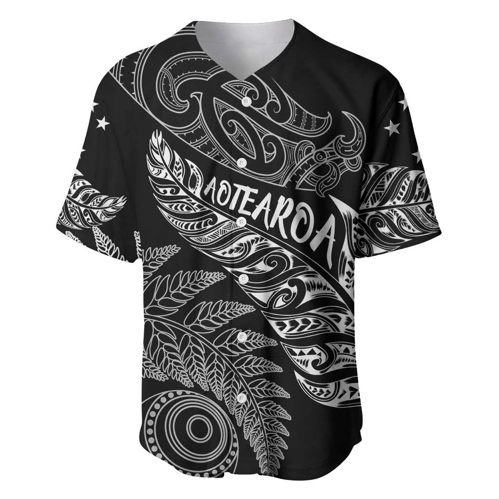 Aotearoa Personalized Lawn Bowls Maori Baseball Jersey New Zealand Black Tribal Silver Fern LT7 Black - Polynesian Pride