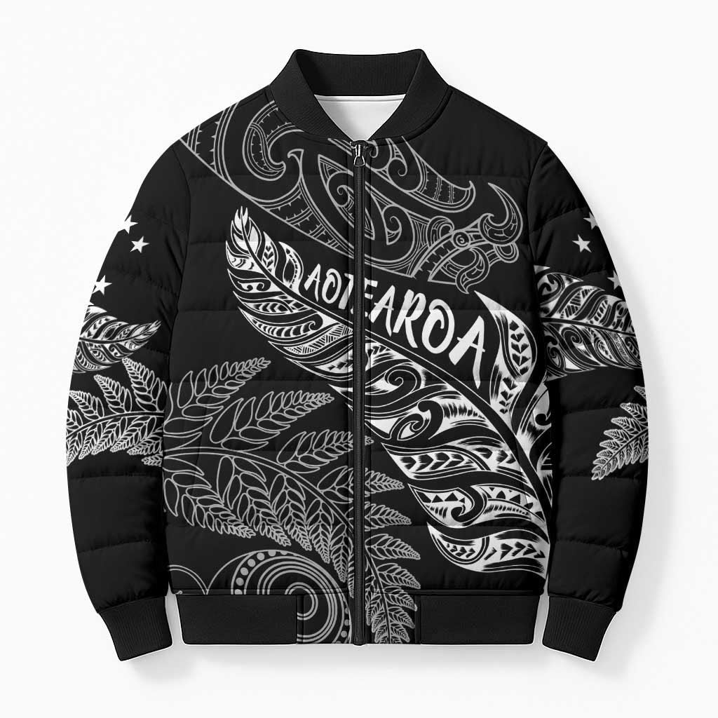 Aotearoa Personalized Lawn Bowls Maori Bomber Puffer Jacket New Zealand Black Tribal Silver Fern LT7 Unisex Black - Polynesian Pride