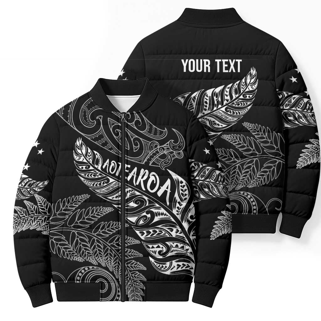 Aotearoa Personalized Lawn Bowls Maori Bomber Puffer Jacket New Zealand Black Tribal Silver Fern LT7 - Polynesian Pride