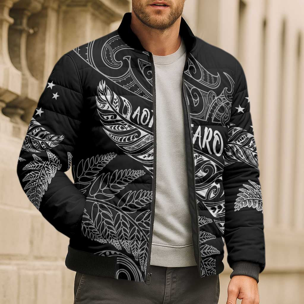 Aotearoa Personalized Lawn Bowls Maori Bomber Puffer Jacket New Zealand Black Tribal Silver Fern LT7 - Polynesian Pride