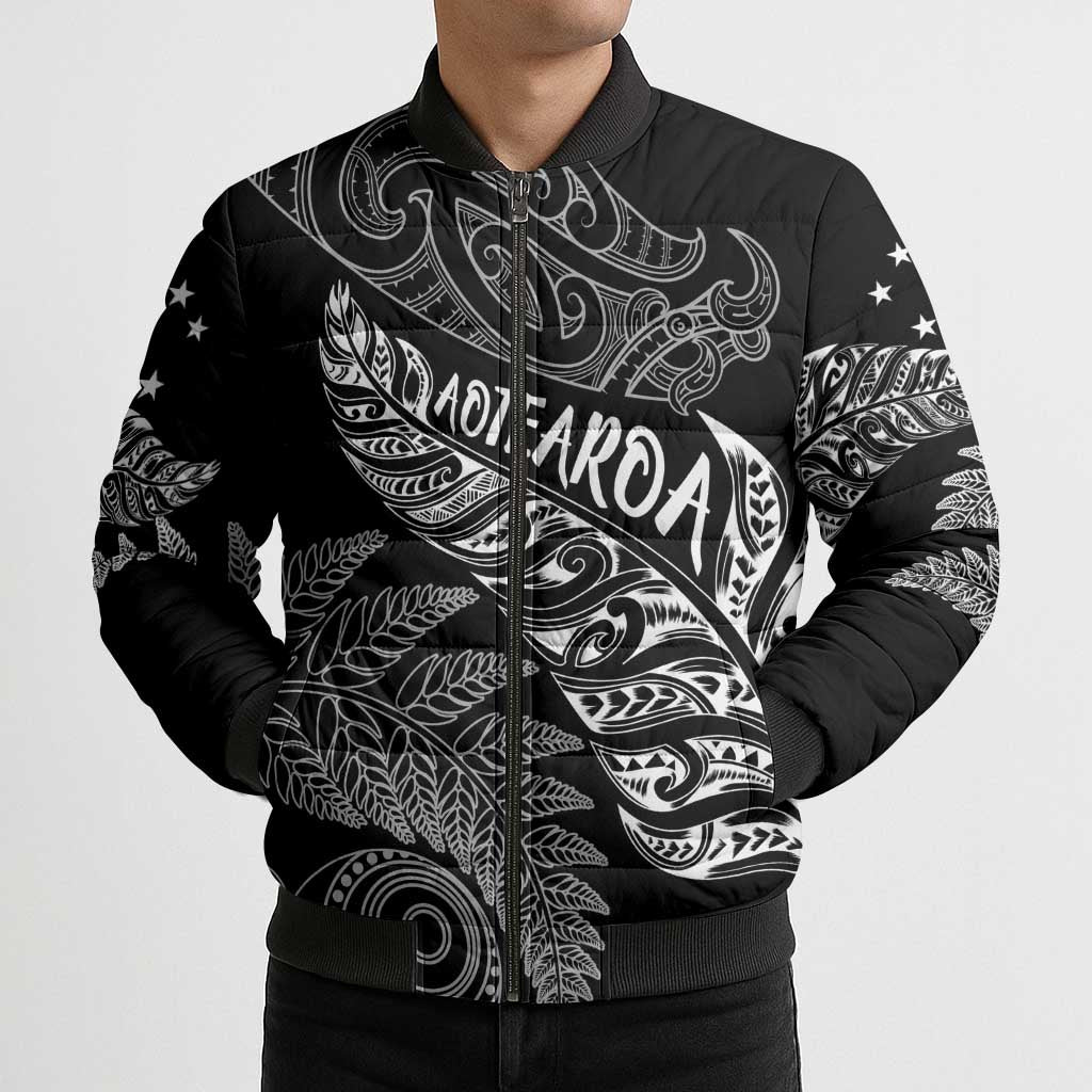 Aotearoa Personalized Lawn Bowls Maori Bomber Puffer Jacket New Zealand Black Tribal Silver Fern LT7 - Polynesian Pride