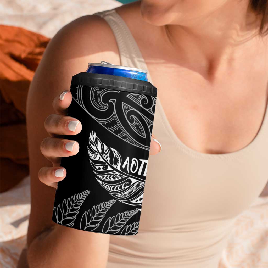 Aotearoa Personalized Lawn Bowls Maori 4 in 1 Can Cooler Tumbler New Zealand Black Tribal Silver Fern LT7 - Polynesian Pride