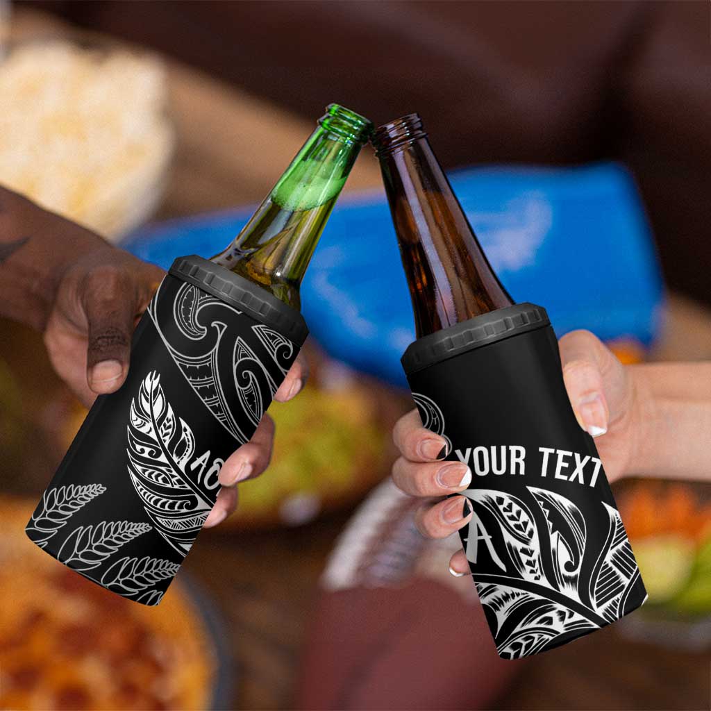 Aotearoa Personalized Lawn Bowls Maori 4 in 1 Can Cooler Tumbler New Zealand Black Tribal Silver Fern LT7 - Polynesian Pride