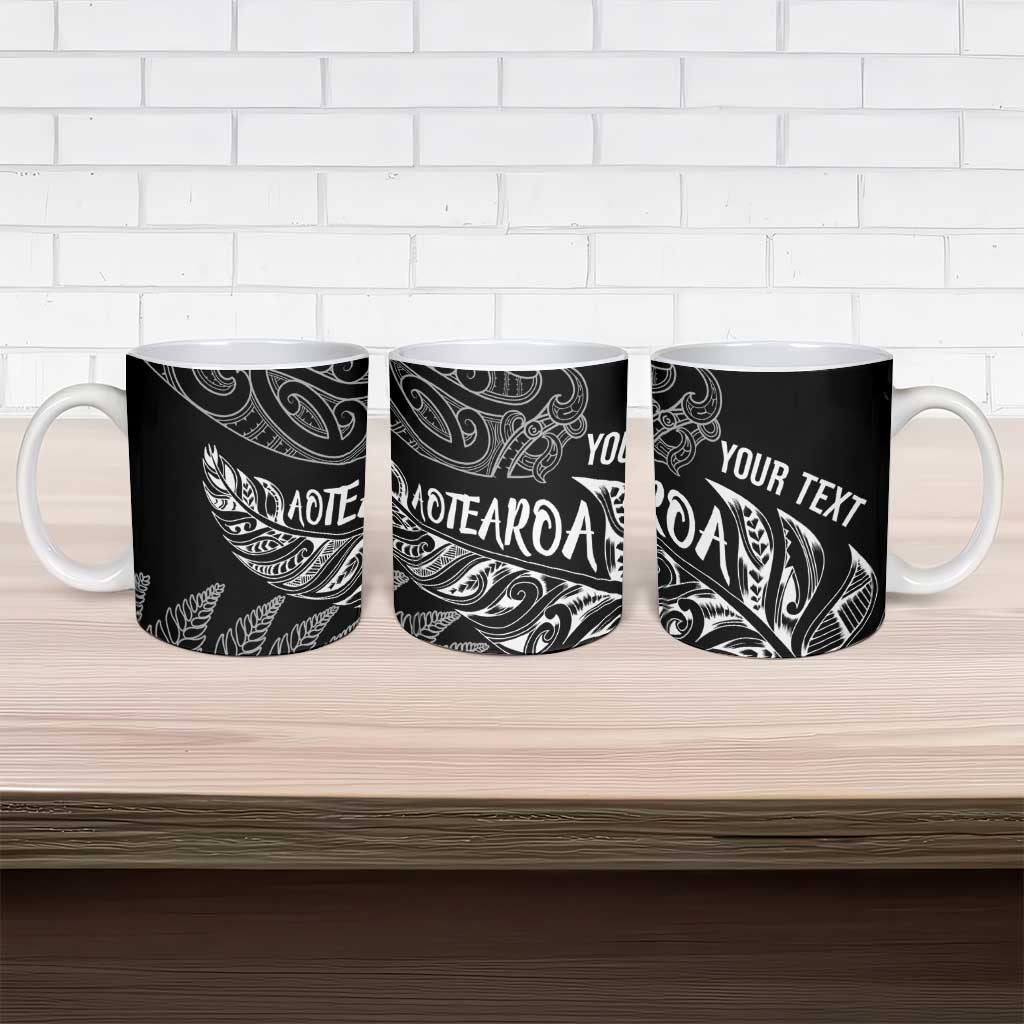 Aotearoa Personalized Lawn Bowls Maori Ceramic Mug New Zealand Black Tribal Silver Fern - Polynesian Pride