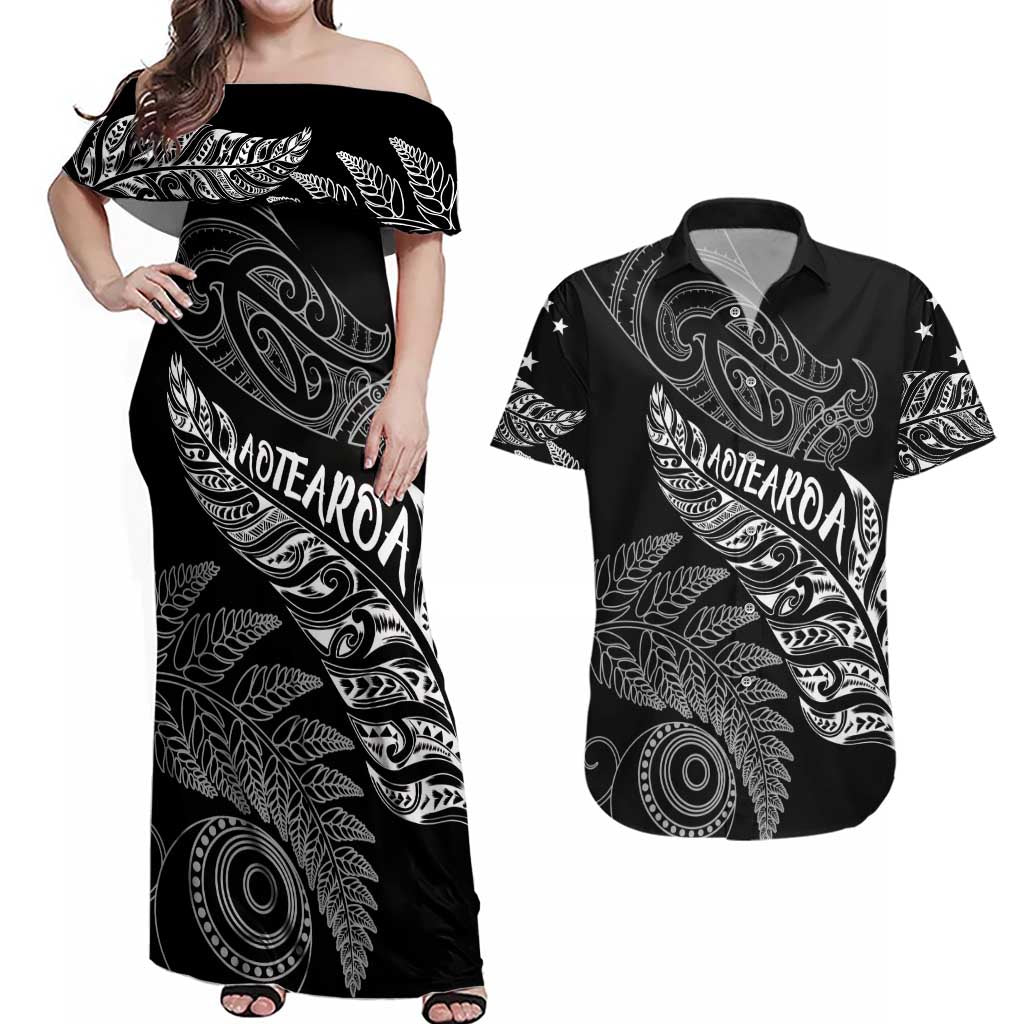 Aotearoa Personalized Lawn Bowls Maori Couples Matching Off Shoulder Maxi Dress and Hawaiian Shirt New Zealand Black Tribal Silver Fern - Polynesian Pride