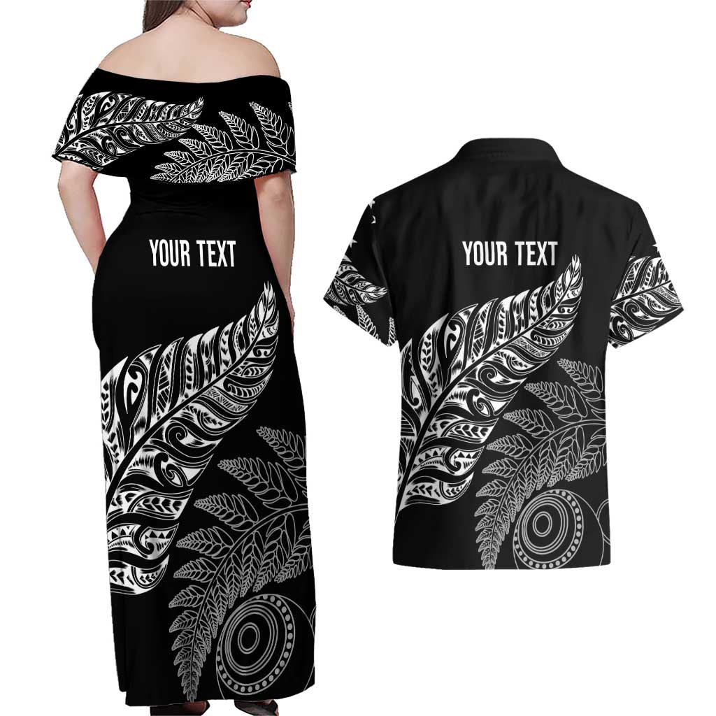 Aotearoa Personalized Lawn Bowls Maori Couples Matching Off Shoulder Maxi Dress and Hawaiian Shirt New Zealand Black Tribal Silver Fern LT7 - Polynesian Pride